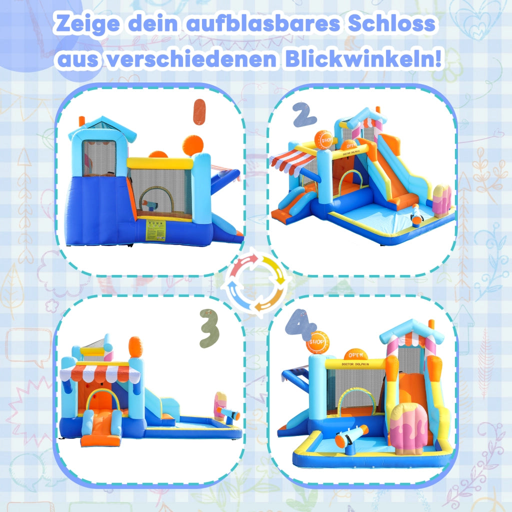 Castello gonfiabile con doppio scivolo area giochi d'acqua trampolino in tessuto oxford blu per bambini con motore 450 W