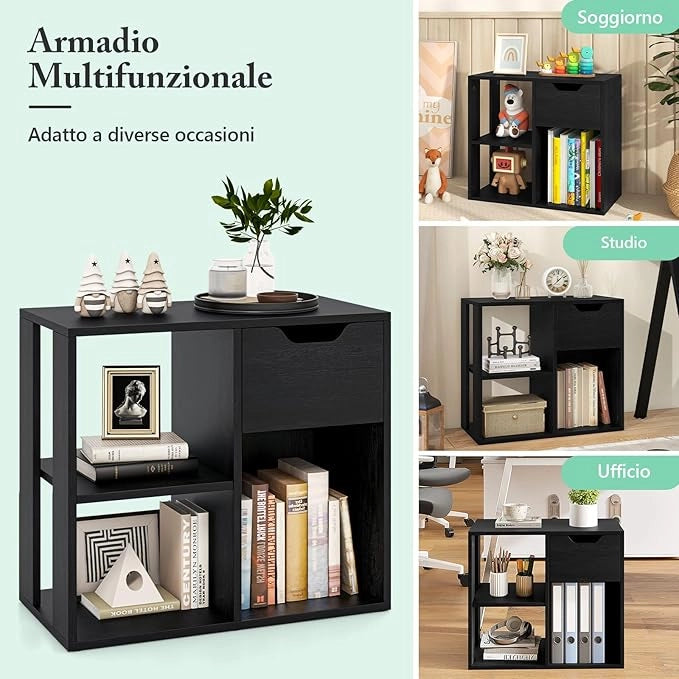 Libreria Scaffale, Libreria Bianco in Legno con Cassetto e 3 Cubi, 60 x 30 x 53 cm, Scaffale Multiuso per Soggiorno, Ingresso, Ufficio e Cameretta (Nero)