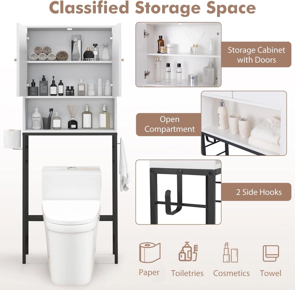 Armadio per Stoccaggio Sopra il WC, Organizzatore da Bagno con Armadietto a Doppia Porta, Scomparto Aperto, Mensola Regolabile a 5 Livelli e Barra Inferiore Regolabile (Bianco)