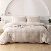 Set di coperte per letto beige, 135 x 200 cm, 4 pezzi, stile bohemiano, a puff, a righe, reversibile, per ragazze, microfibra Bohemian, con cerniera e 2 cuscini in set.