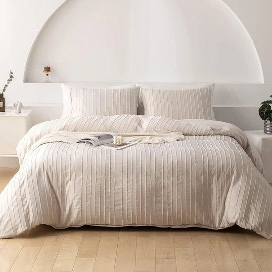 Set di coperte per letto beige, 135 x 200 cm, 4 pezzi, stile bohemiano, a puff, a righe, reversibile, per ragazze, microfibra Bohemian, con cerniera e 2 cuscini in set.