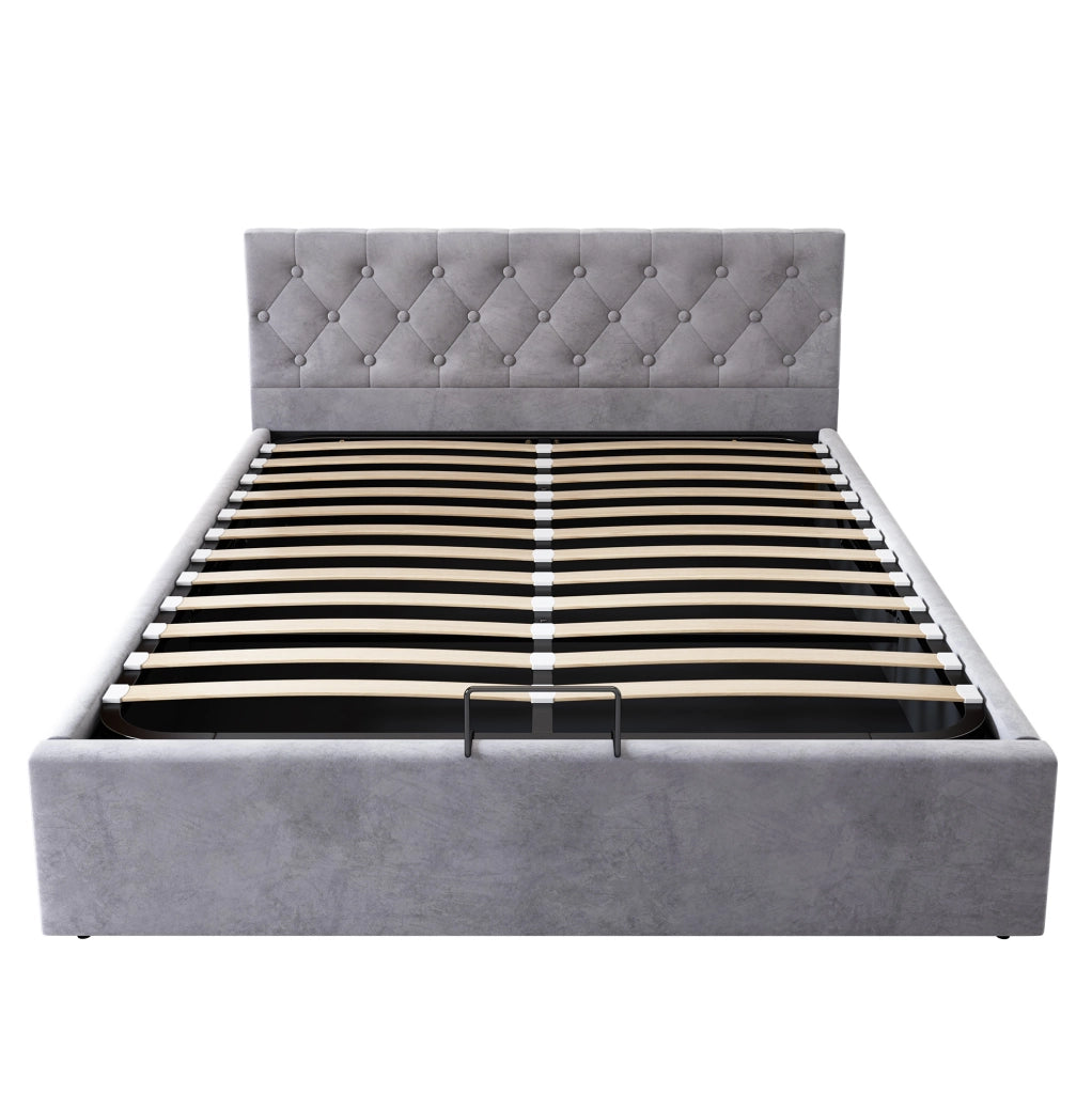 Letto matrimoniale 140x200 cm in velluto grigio con testiera capitonn茅 e contenitore idraulico