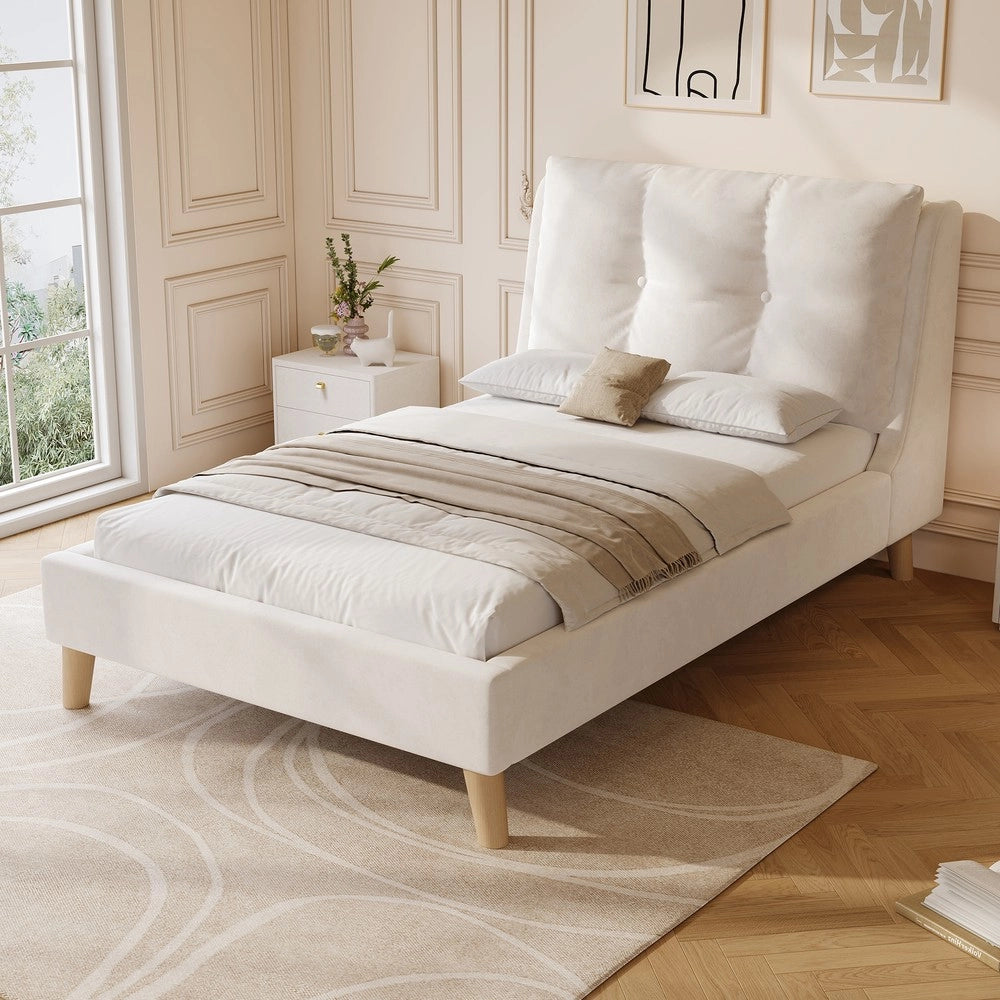 Letto Singolo Imbottito con Testiera e Rete a Doghe ¨C MINIMAL ¨C Velluto Beige 90x200