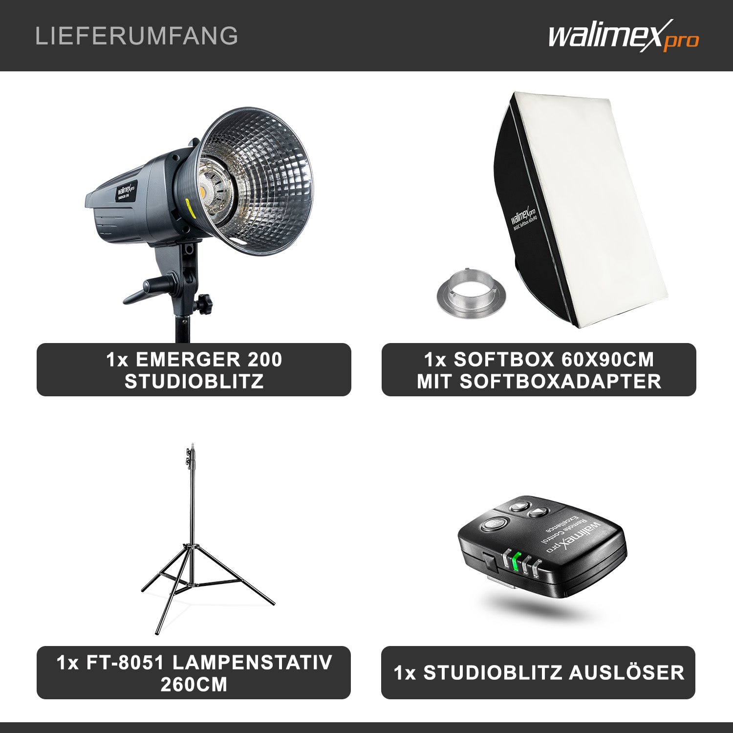 Emerger 200 Set flash fotografico con potenza di 200 Ws, con radio a 2,4 GHz, softbox 60 x 90 cm e treppiede per luci, inclusa borsa per il trasporto