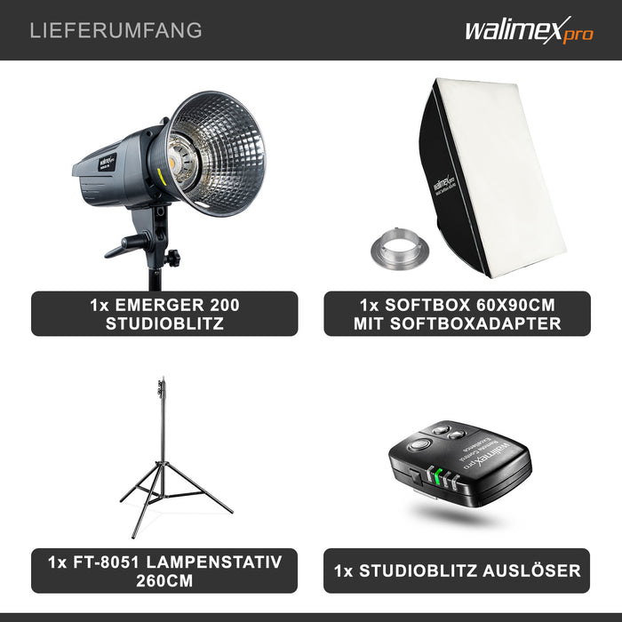 Emerger 200 Set flash fotografico con potenza di 200 Ws, con radio a 2,4 GHz, softbox 60 x 90 cm e treppiede per luci, inclusa borsa per il trasporto