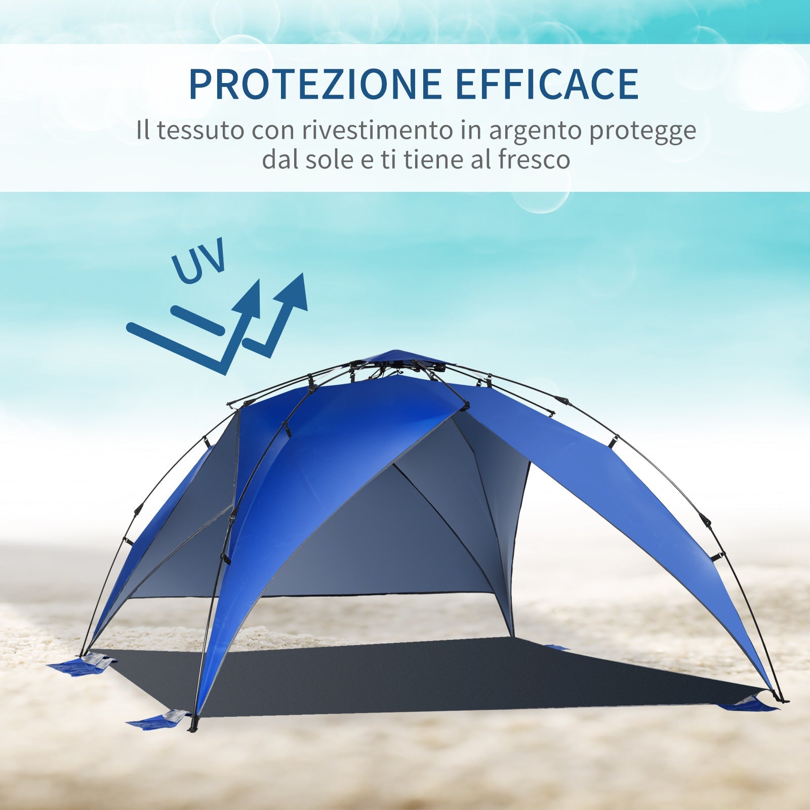 Tenda da Spiaggia Pop Up con Corde e Paletti in Poliestere Blu