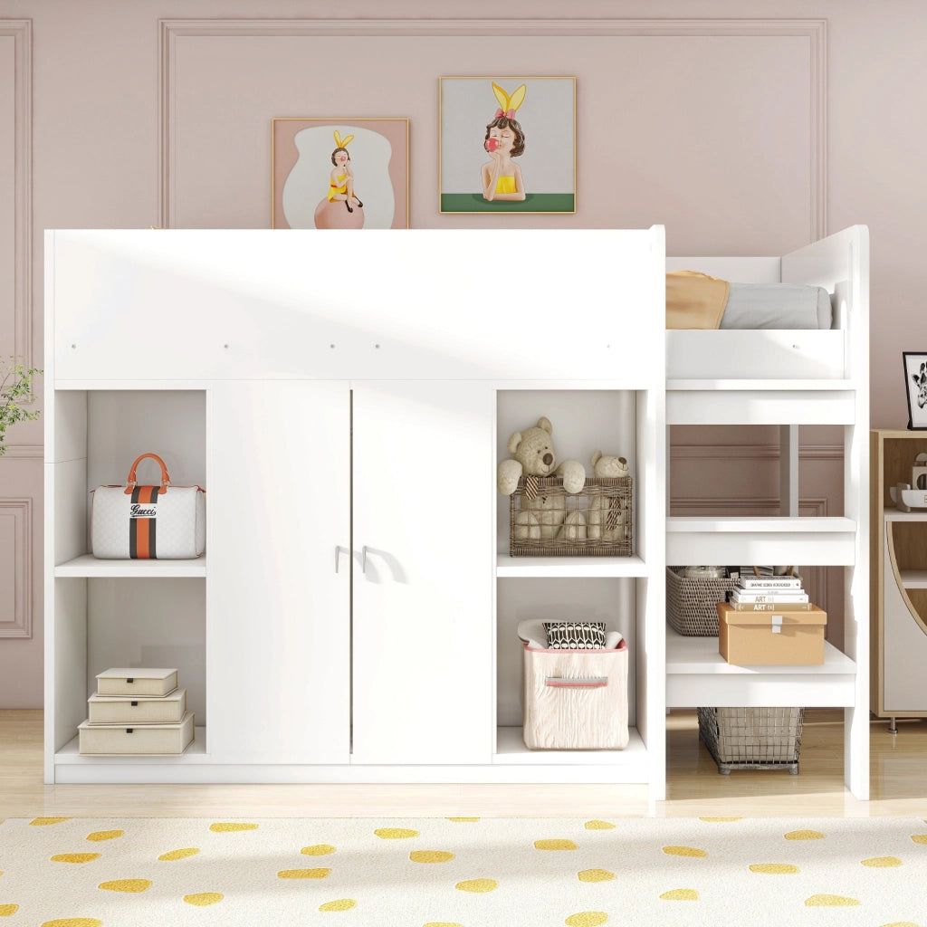 Letto a castello bianco con funzione contenitiva in legno massello 90x200 cm