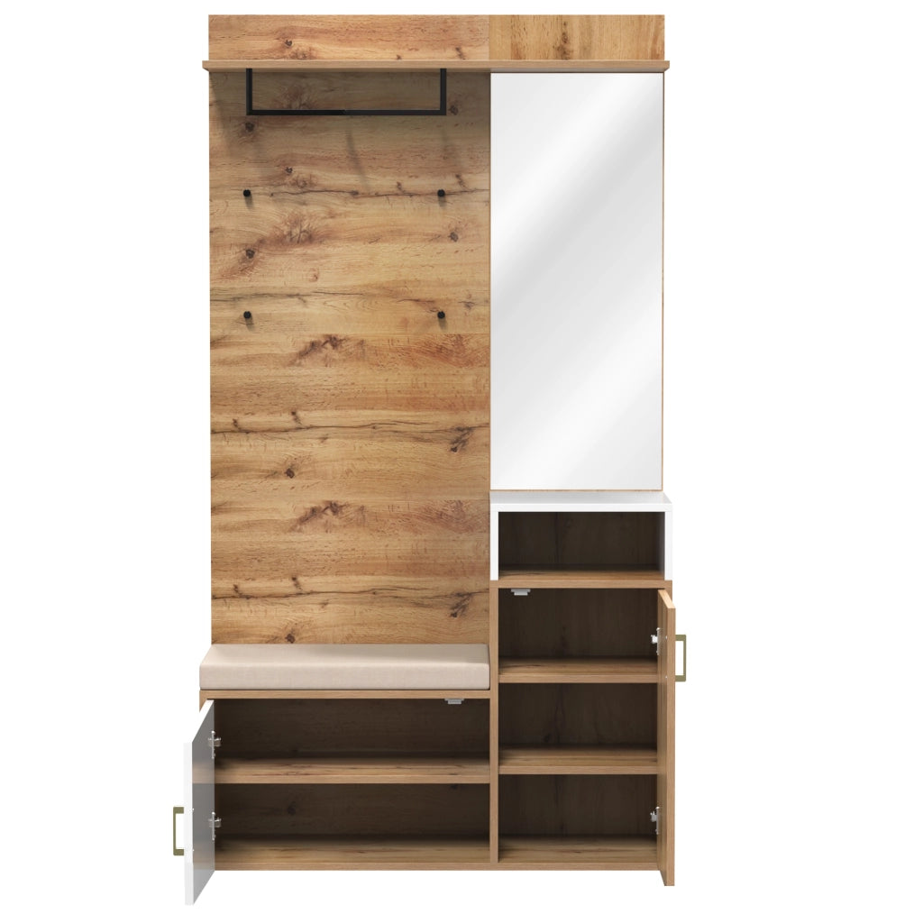 Set mobili da ingresso con specchio, panca, scarpiera e appendiabiti, in MDF bianco e legno