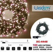 Trade Shop - Catena Luminosa 180 Luci Led Lucciole Luce Rosa + Calda Cavo Verde Ip44 Xc-4448 -