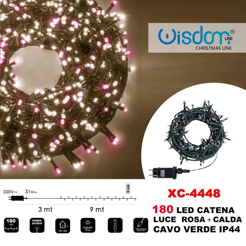 Trade Shop - Catena Luminosa 180 Luci Led Lucciole Luce Rosa + Calda Cavo Verde Ip44 Xc-4448 -