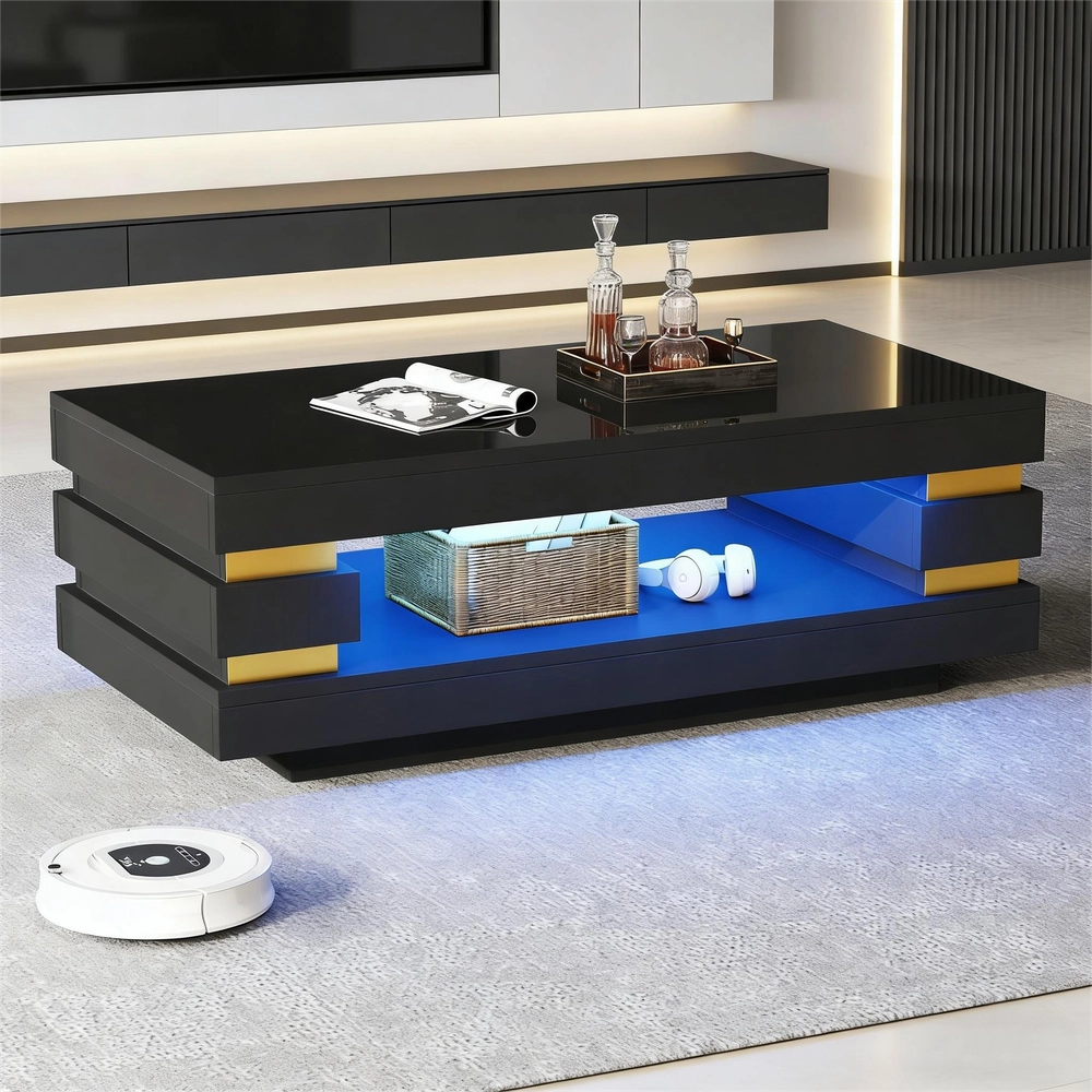 Tavolino da Caff¨¨ con Vano Contenitore e LED ¨C Xylo ¨C Truciolato Nero Lucido 100x50x35