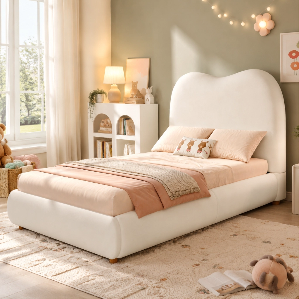 Letto imbottito con contenitore in velluto beige
