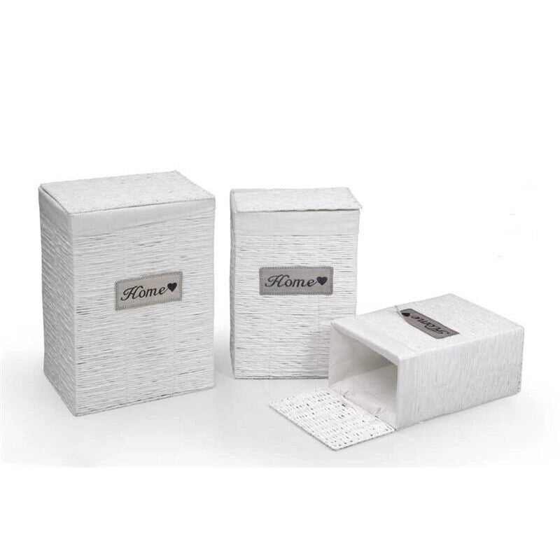 SET DI 3 CESTE PORTABIANCHERIA  VIMINI E TESSUTO BIANCO  54/49/44CM DESIGN HOME