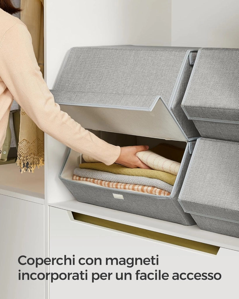 SONGMICS Set di 4 Scatole con Coperchio, Organizzatori Impilabili per Armadi, Contenitori con Chiusura Magnetica, Scatole in Tessuto, Struttura in Metallo, per Libri Vestiti, Grigio Tortora RLB022W01