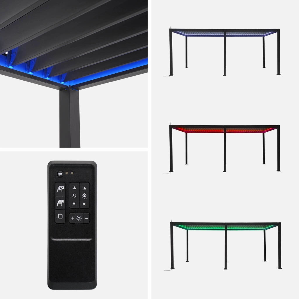 Pergola bioclimatica 3x6m elettrica in alluminio con led + 4 tende 3m,