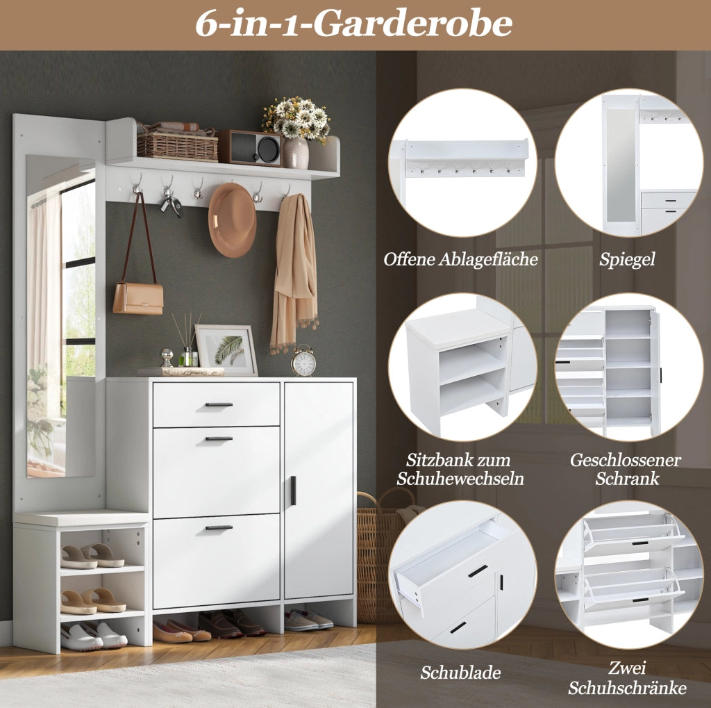 Mobile guardaroba da ingresso con panca, specchio e scarpiera, bianco, 140x30x200 cm