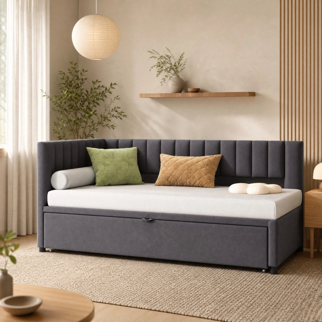 Divano letto angolare multifunzione 90x200 cm con letto estraibile; in velluto grigio