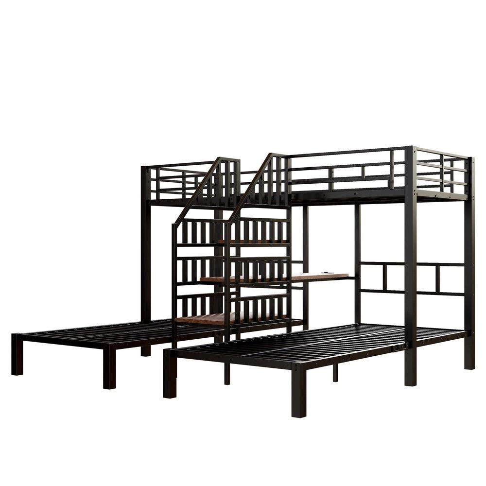 Letto a castello 3 posti con scrivania e luci LED ¨C Minimal ¨C nero metallo 90x200 cm
