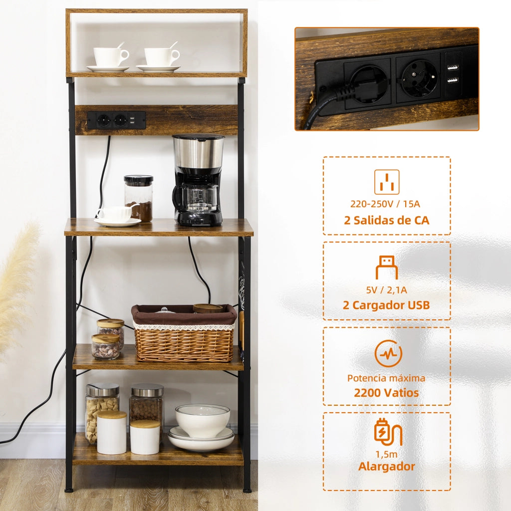 Mobiletto per Microonde con 2 Prese USB e 5 Ganci ¨C Minimal ¨C 60x42x153 cm Marrone