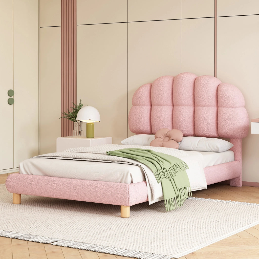 OKWISH Letto Singolo 90×200 cm, Letto Bambini con Testiera Imbottita Regolabile e 12 Doghe, senza Materasso, in Velluto, Rosa