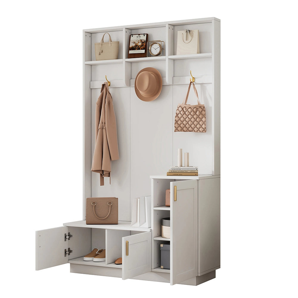 Vestiaire con panchina e ripiani - Xylo - H200xL120xP40cm - Bianco - Multifunzionale con 3 ganci