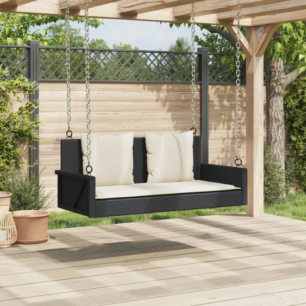 Panca a Dondolo con Cuscini-Sgabello-Panca da esterno Nera 119x56x48 cm in Polyrattan