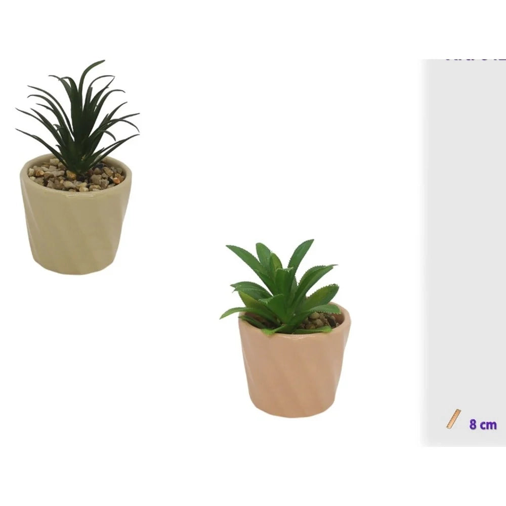 Trade Shop - Set 3pz Vasetto Ceramica Colorato A Spirale Con Piantina Artificiale Assortita 8cm 164278 -