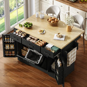 Isola cucina con piano ribaltabile 120x70x87 cm in MDF nero; carrello con ruote e porta spezie