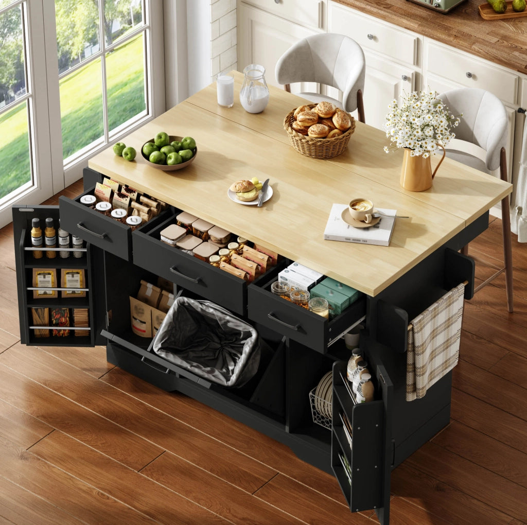 Isola cucina con piano ribaltabile 120x70x87 cm in MDF nero; carrello con ruote e porta spezie