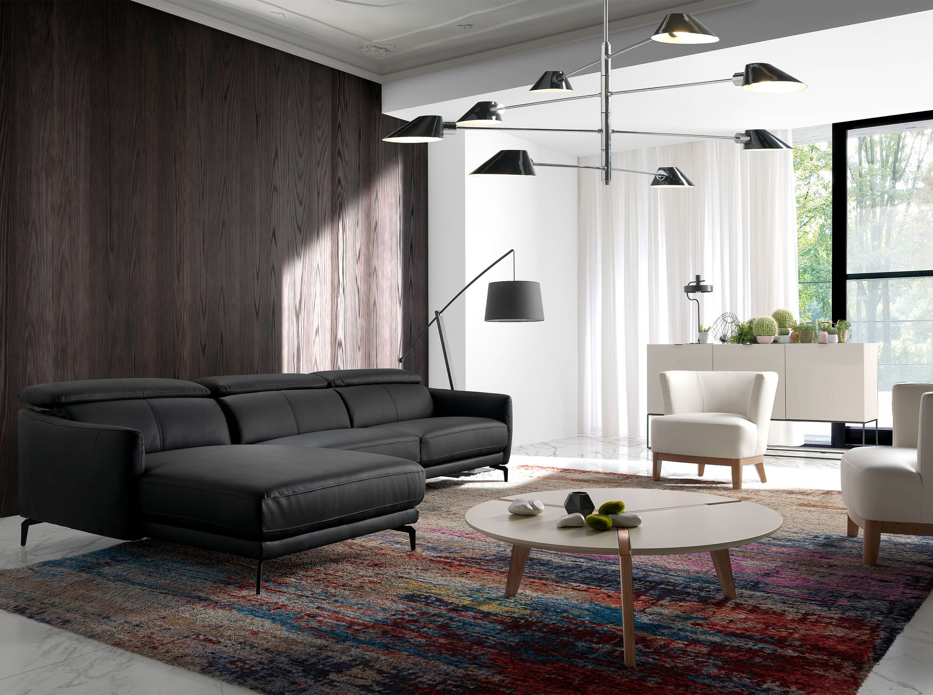 Divano chaise longue sinistro in pelle nera