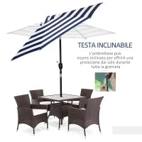 Ombrellone da Giardino Inclinabile Φ230cm, Apertura a Manovella, Palo in Metallo e 6 Stecche, Blu e Bianco