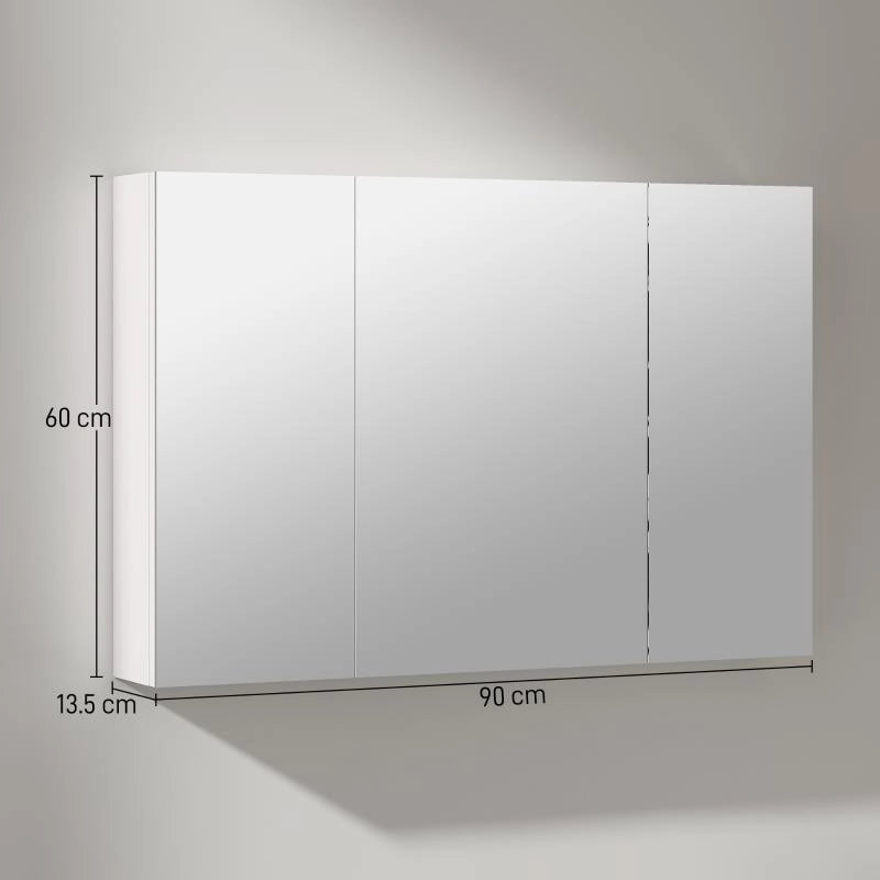 ARMADIETTO PENSILE BAGNO CON 3 ANTE A SPECCHIO E RIPIANI REGOLABILI IN LEGNO 90X13.5X60 CM, BIANCO