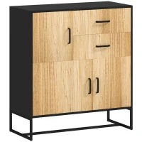 Credenza Moderna con 3 Armadietti e 2 Cassetti, in Truciolato e Acciaio, 80x35x88 cm, Nero e color Legno