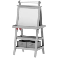 Outsunny Cavalletto per Bambini 3 in 1 con Lavagna Bianca Magnetica, Lavagna per Gessetti, Rotolo di Carta, 2 Cestini, 3-6 Anni, Grigio