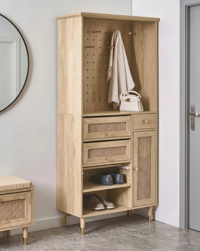 Mobile Portaoggetti Marrone Chiaro in Truciolato con Struttura Ripiani Cassetto e Ganci Gambe in Legno di Pino per Ingresso