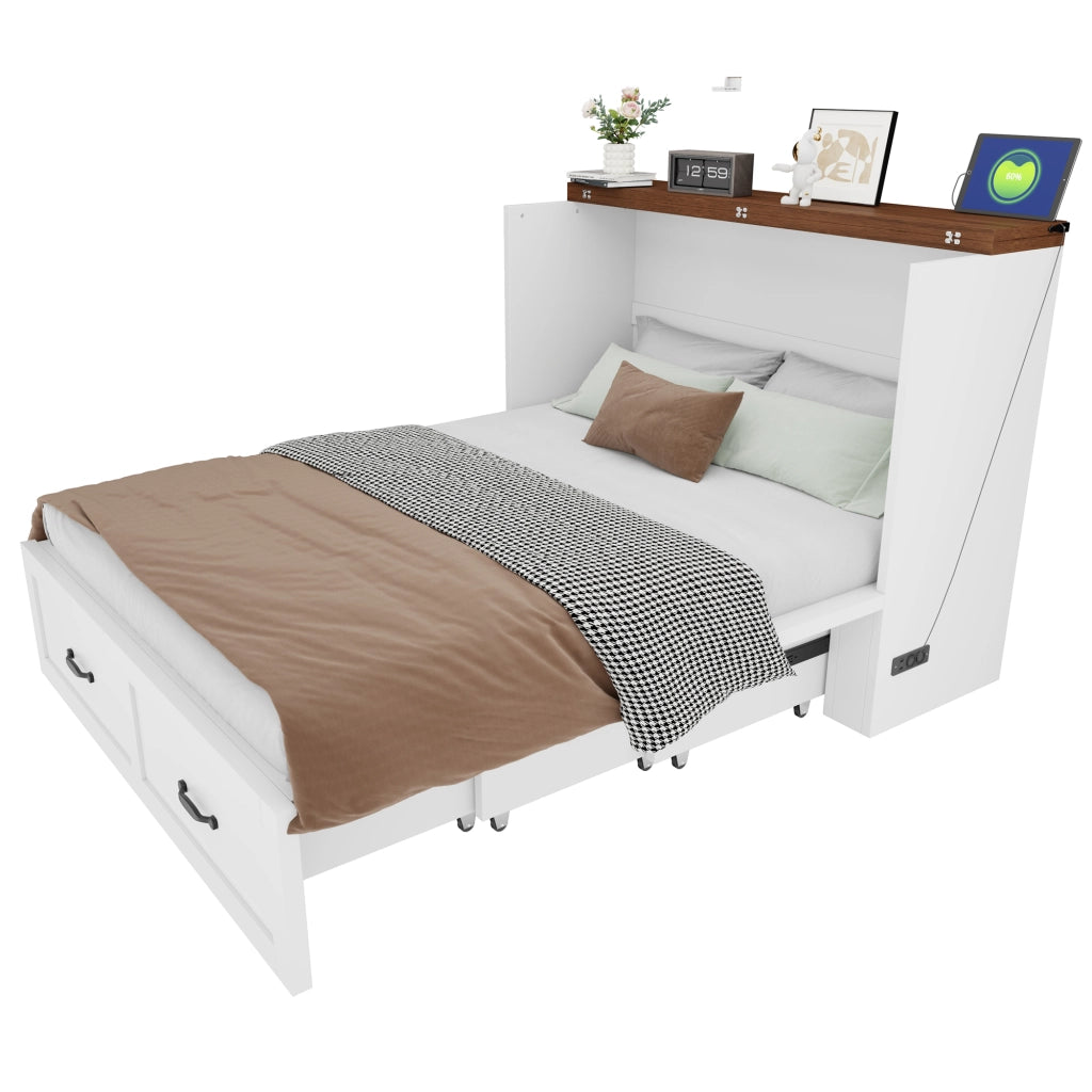 Letto a scomparsa 140x200 cm salvaspazio per 2 persone con presa UE; ruote silenziose e vano contenitore; metallo bianco