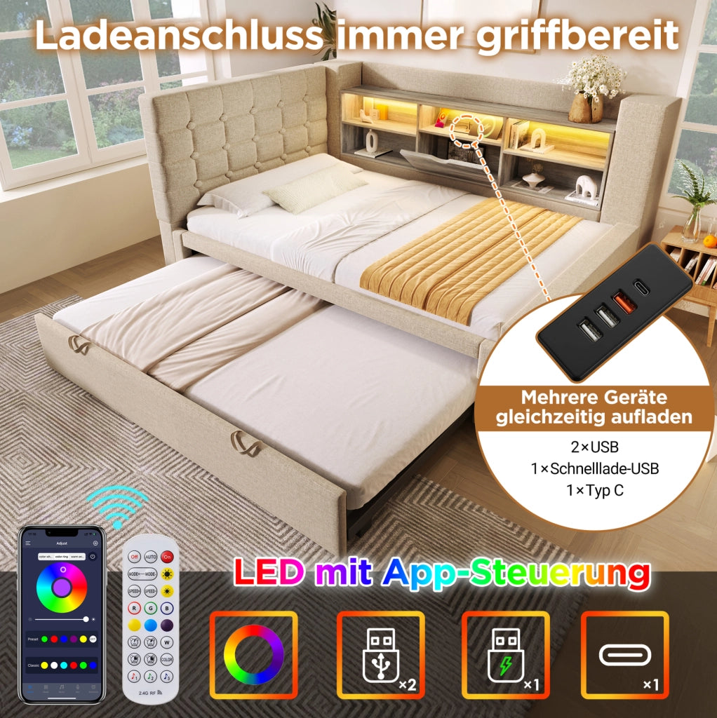 Letto con letto estraibile, illuminazione LED e ricarica integrata