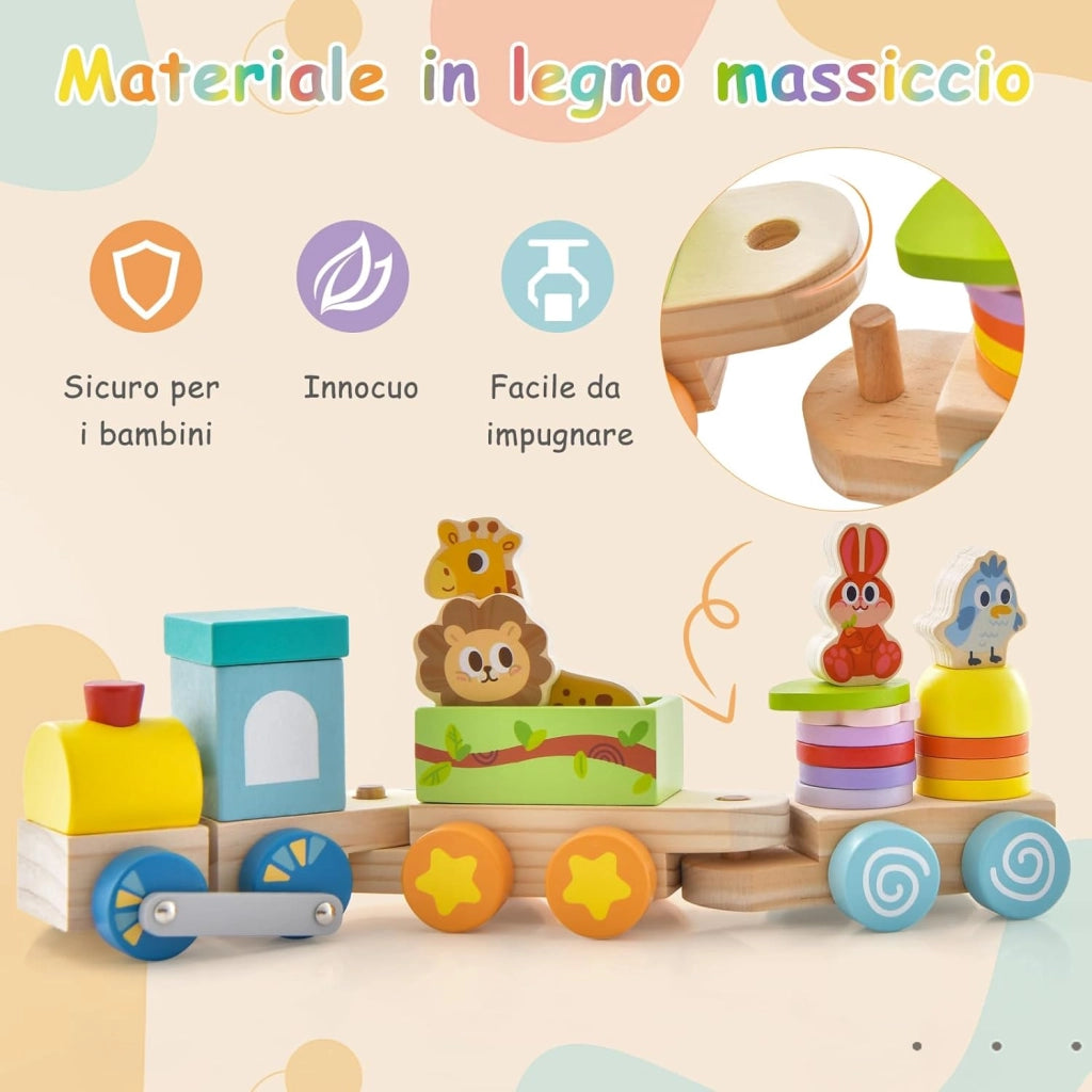 Set di Trenino Impilabile in Legno, Trenino Educativo in Legno Massello, Gioco Educativo in Legno per Bambini 3+ Anni