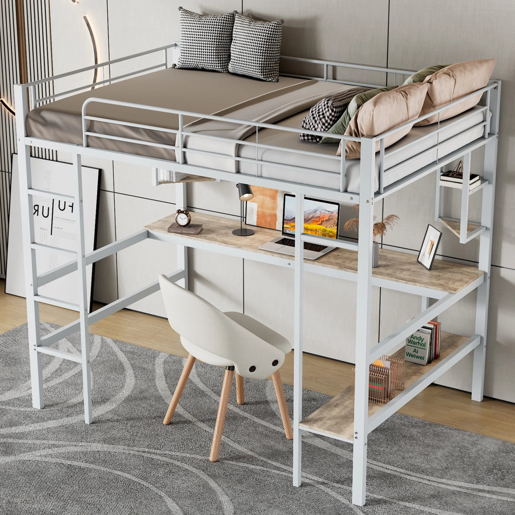 Letto a castello bianco in metallo con scrivania e scaffali 90x200 cm