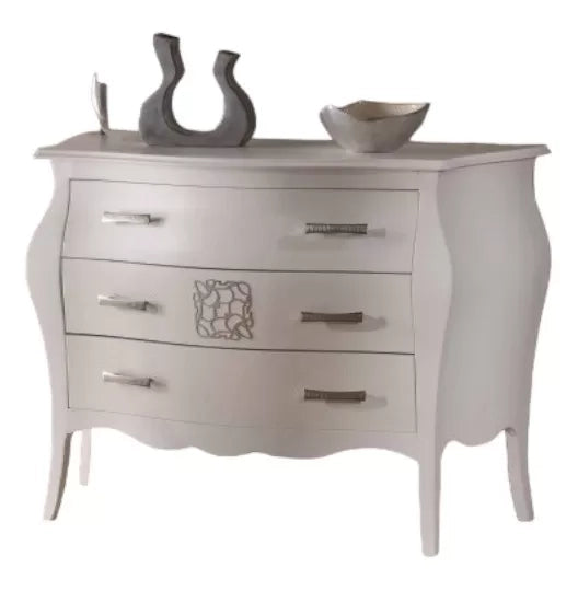 ComÒ bomabato laccato bianco con decori argento 118x50x85 - Mobili 2G