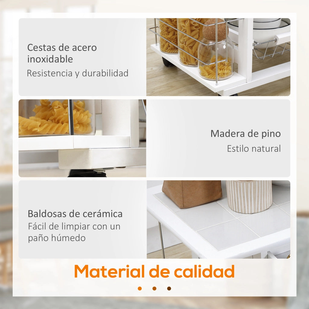 Carrello da cucina con cassetto, cesti e ripiani laterali ¨C zephmum ¨C bianco 57x37x83