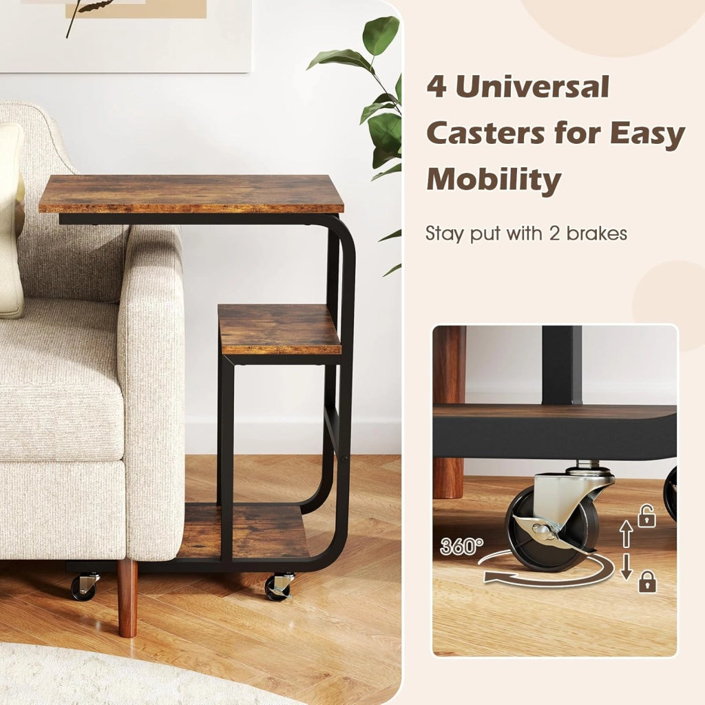 Set di 2 tavolini a forma di C, per PC portatile con ruote, tavolino da caffè a 3 livelli, design industriale