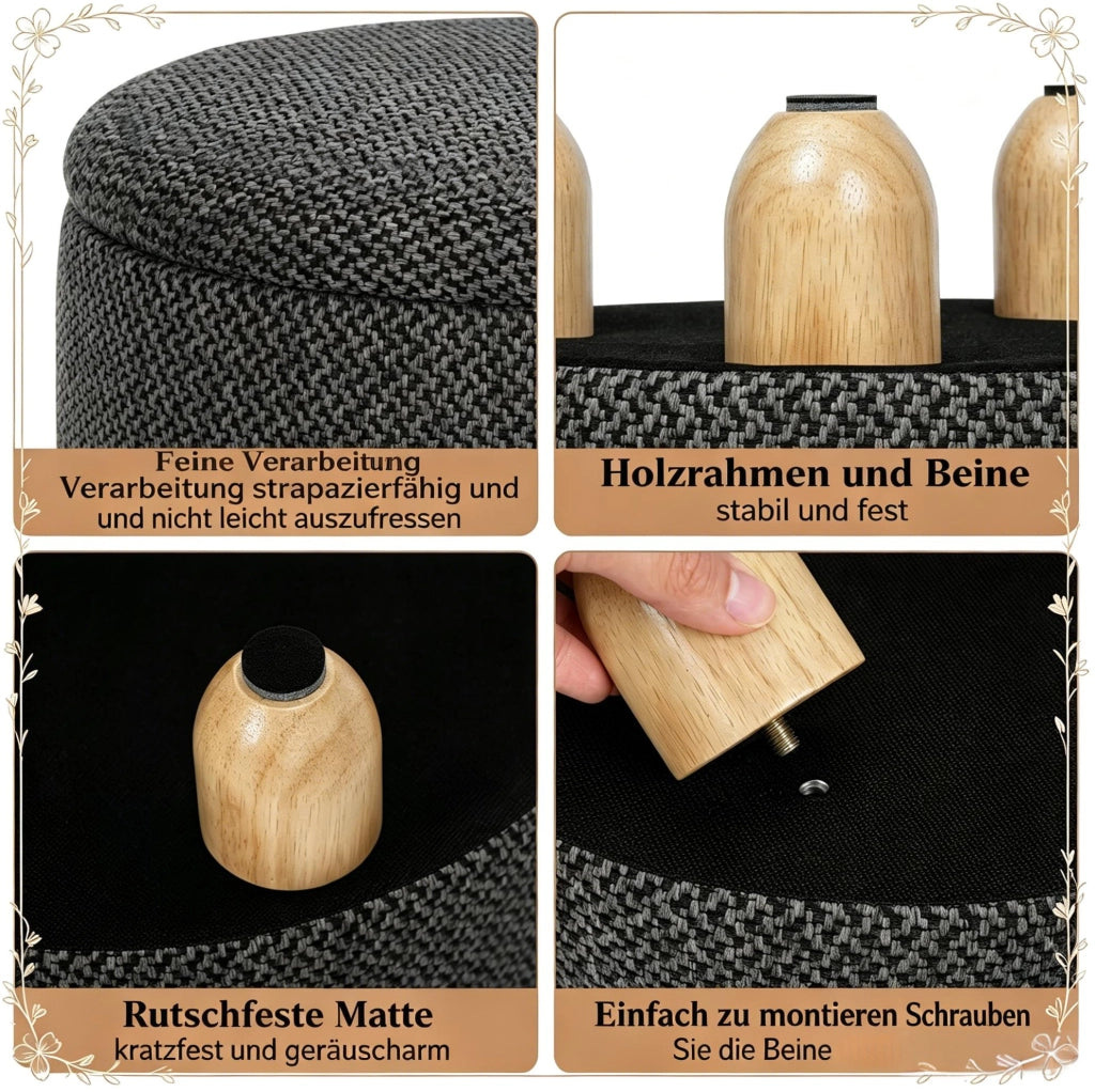 Puff rotondo con contenitore e vassoio in lino scuro 39x39x33 cm