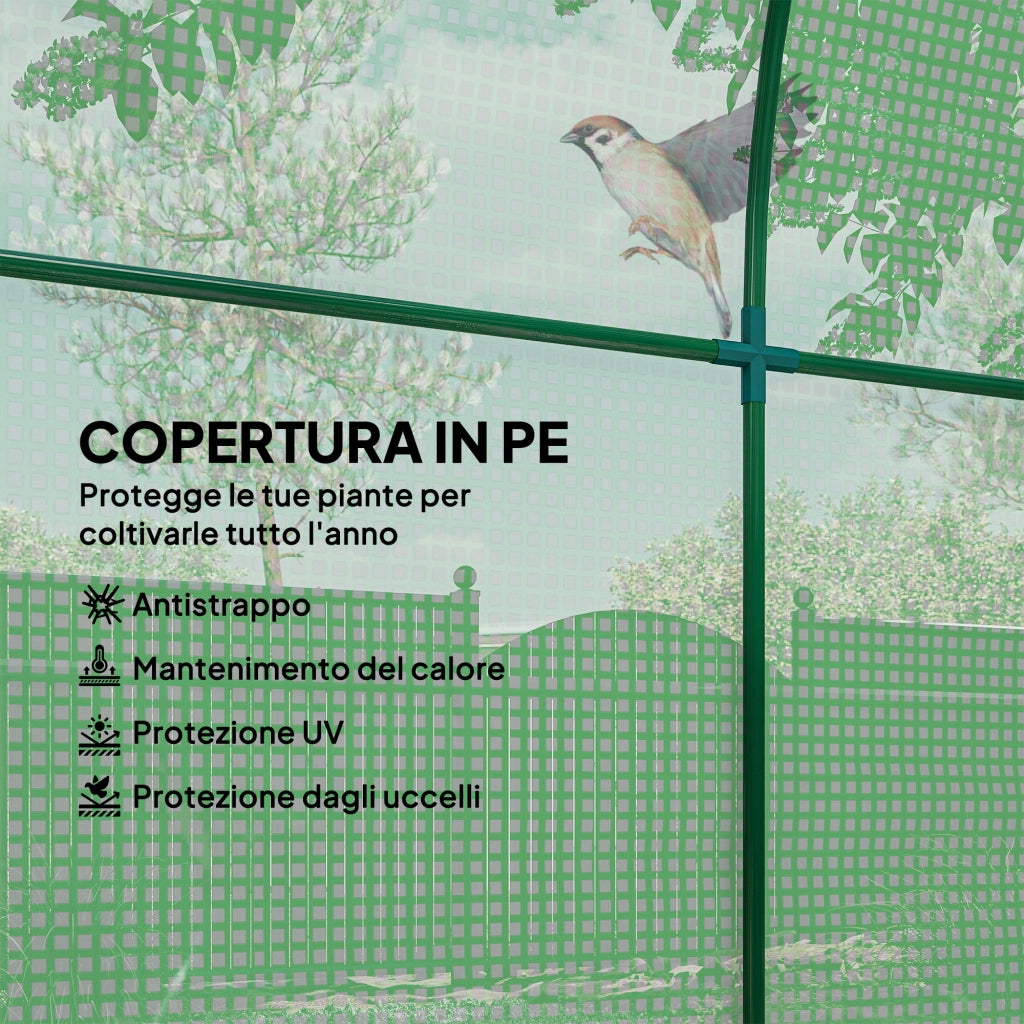 Serra da Giardino a Tunnel con Porte e Finestre Avvolgibili in PE Verde, 180x180x200cm