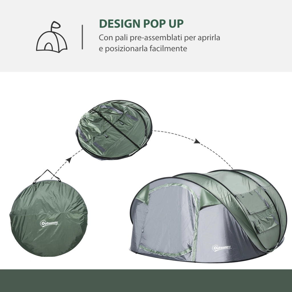 EasyComfort Tenda da Campeggio Pop Up 2 Posti con 2 Porte, 4 Finestre e Telo Impermeabile, 263.5x220x123 cm, Verde Scuro