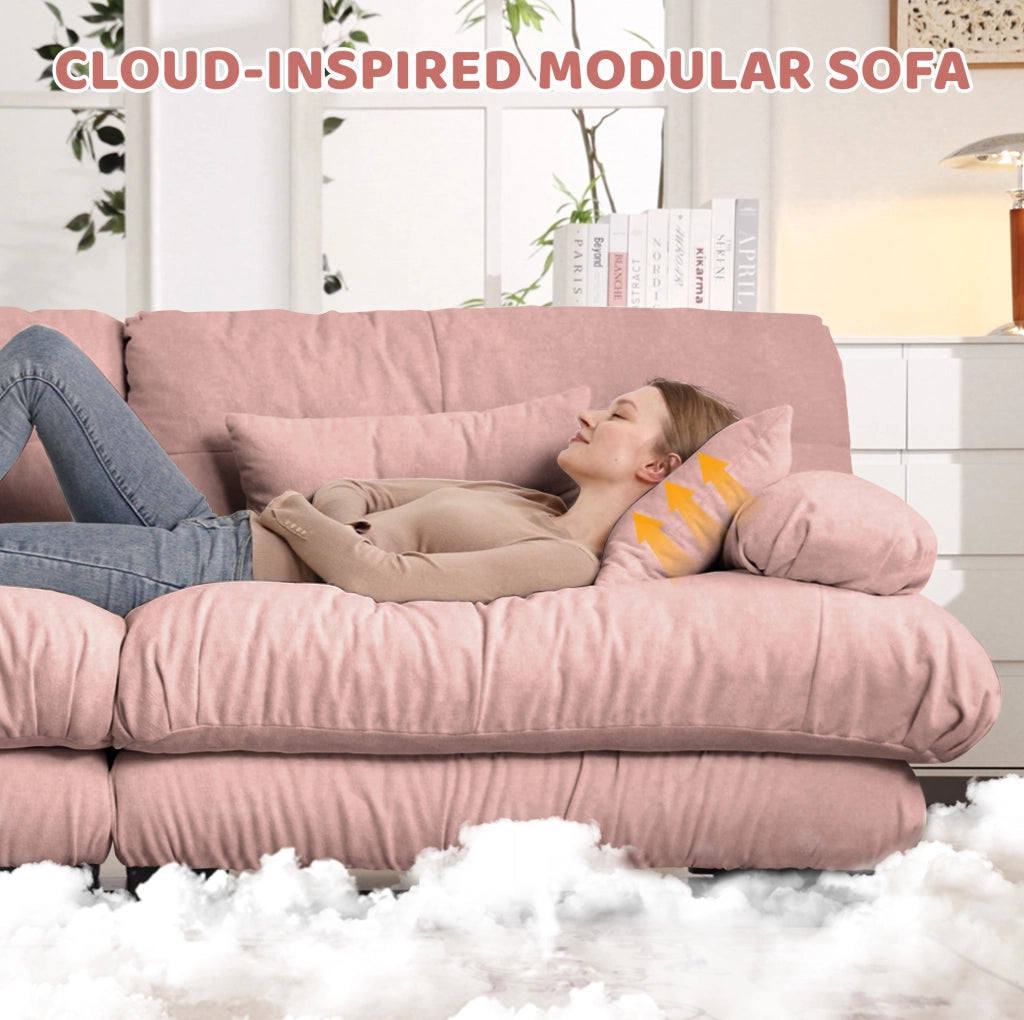 Divano angolare Cloud in chenille rosa con 2 cuscini lombari, 2 cuscini decorativi e 2 pouf mobili