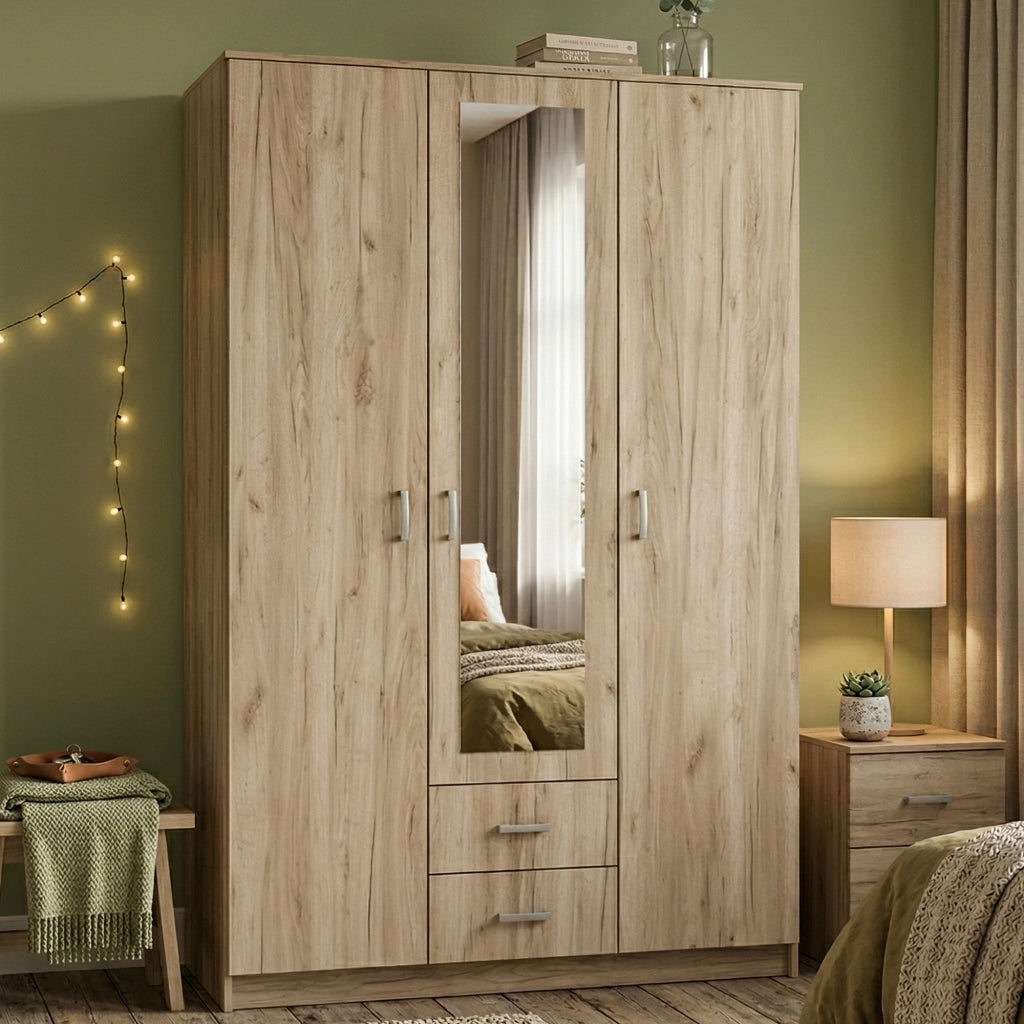 Armadio Camera da Letto Crati, Guardaroba 3 Ante Appendiabiti, 120x52 cm Marrone Rovere