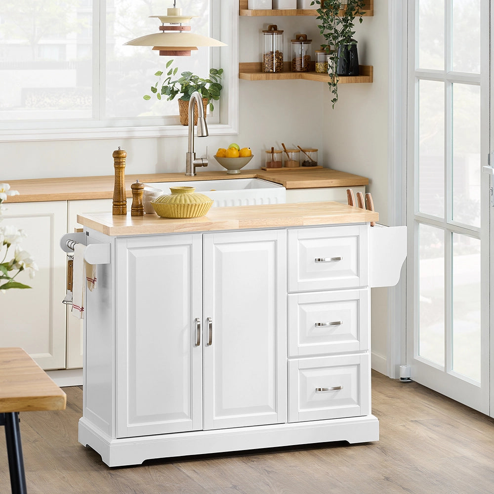 SoBuy | Isola cucina bianca con 4 ruote | Carrello cucina con 2 porte | Cucina a penisola con 3 cassetti | 128.0x71.0x90.5 cm | Capacità di carico 94 kg | FKW41-II-WN