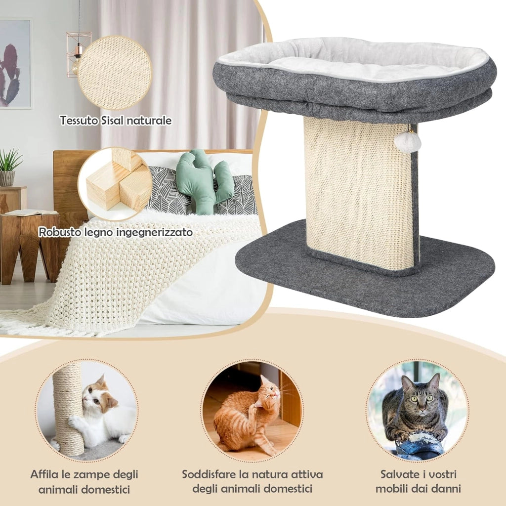 Tiragraffi per Gatti, Albero Tiragraffi Gatto con Grande Cuccia in Peluche e Tiragraffi in Sisal e Palla, Tiragraffi da Divano in Legno per Gatti Piccoli, Portata 20 kg (Grigio)