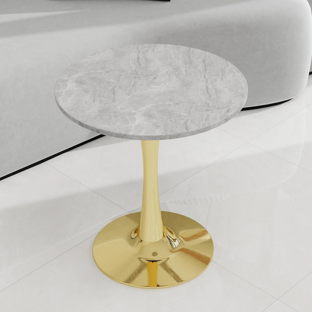 Tavolo da pranzo - rotondo 70 cm - stile mid-century - marmo grigio chiaro - per 2-4 persone - dorato
